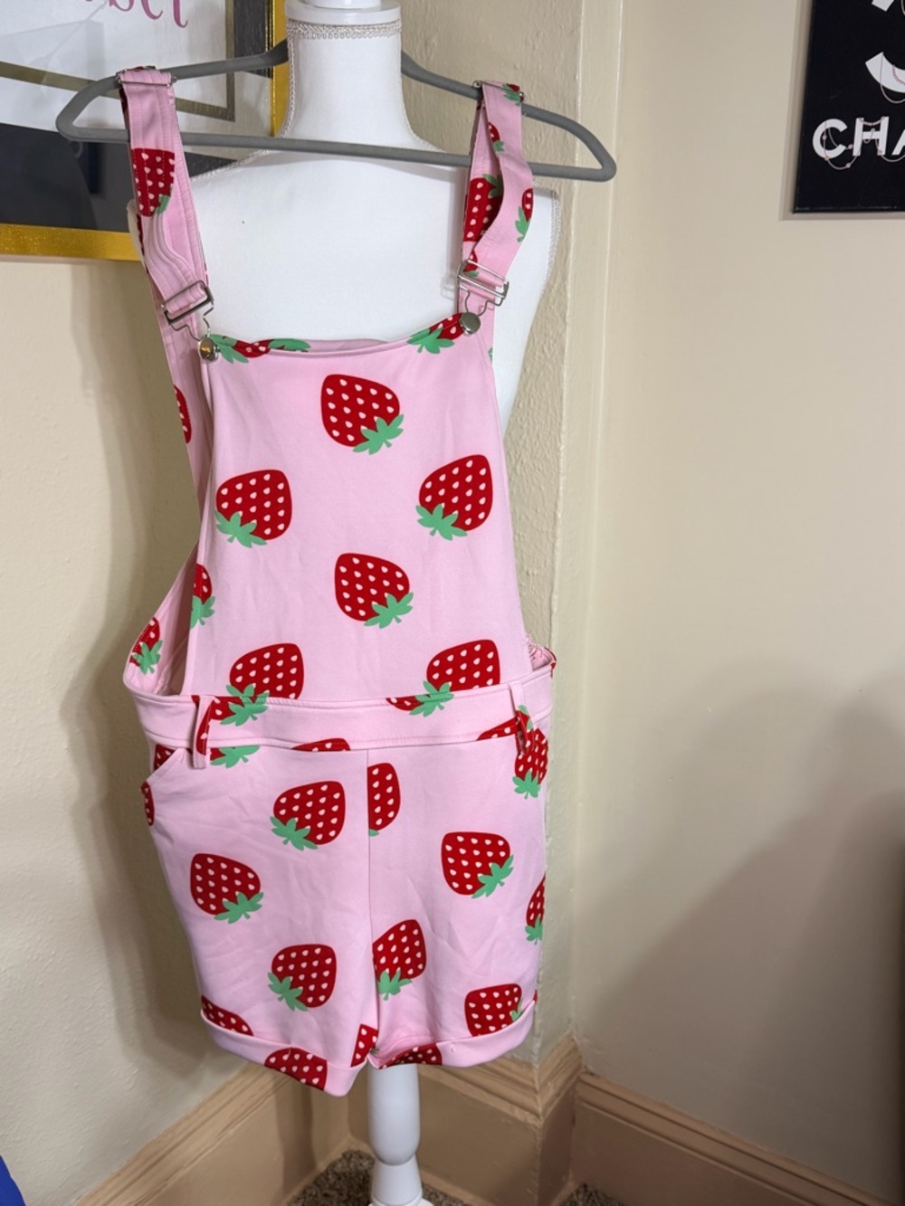 Hot Topic Pink Overalls with Red Strawberry Accents
